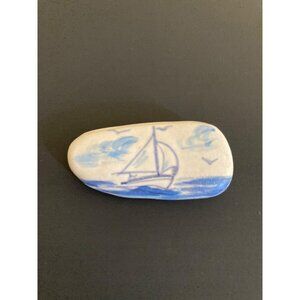 Blue And White Sailboat Brooch Hand Panted By Val Coastal Nautical Ocean